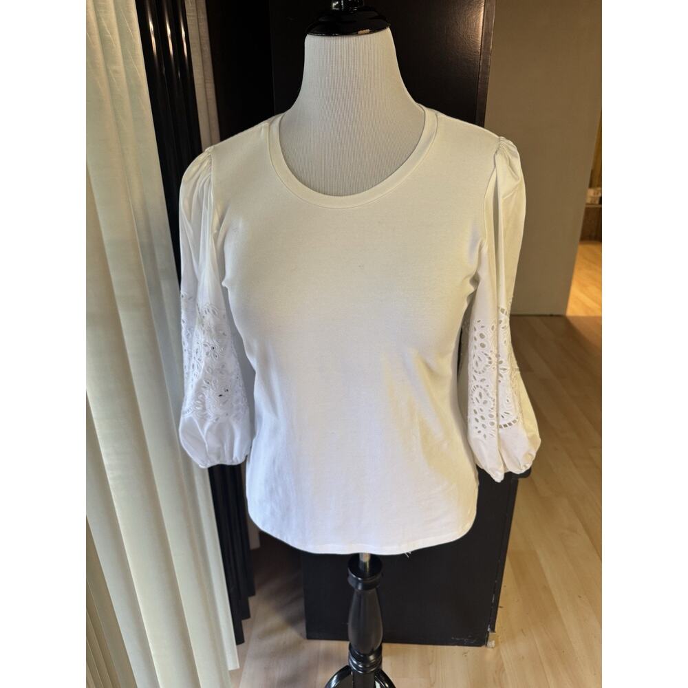 Women's NWT Parker White Zoe 3/4 Sleeve Crew-Neck Eyelet Shirt Size L
